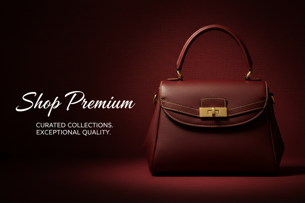 A cinematic and polished promotional banner for a high-end fashion sale. The background is a luxurious, dark-red textured gradient.

On the right side of the banner, prominently feature a single, stunning hero product, such as a luxurious leather handbag or a high-end watch. The product should be photographed with dramatic, elegant lighting to emphasize its high-quality materials and craftsmanship.

On the left, the typography is key: "Shop Premium" is written in a large, elegant white script, followed by t